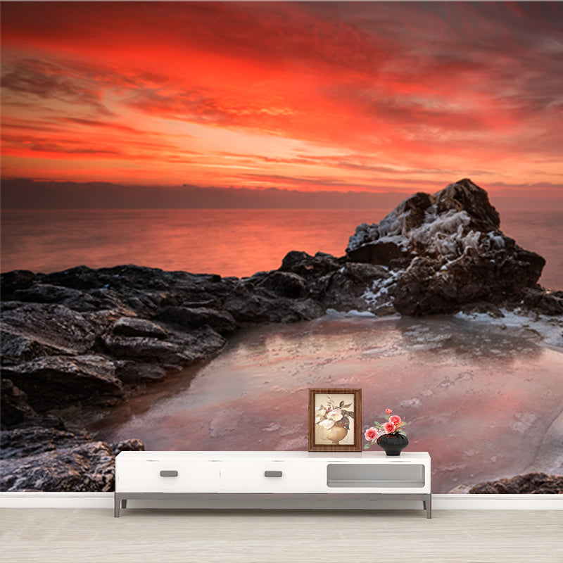 Puddle on Rock Sunset Mural Tropix Non-Woven Material Wall Covering in Orange for Home