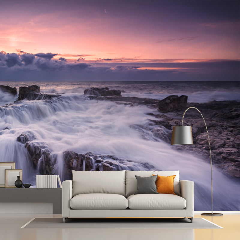 Tropical Nightfall Sea Cascade Mural Grey-White Moisture Resistant Wall Art for Bedroom