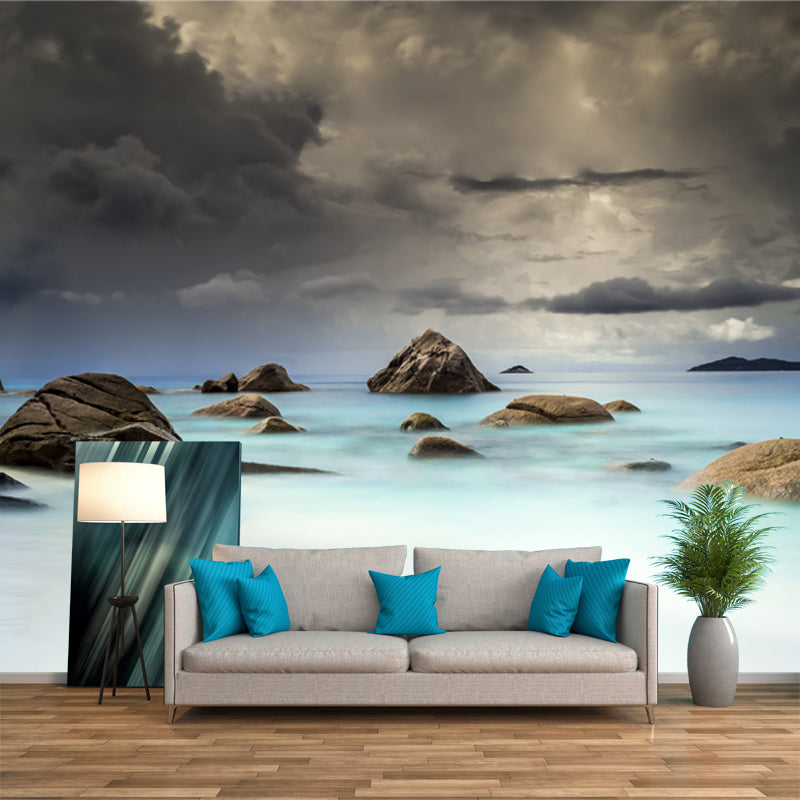 Blue-White Tropics Wallpaper Mural Whole Sea Rocks with Dark Cloud Sky Wall Art for Home