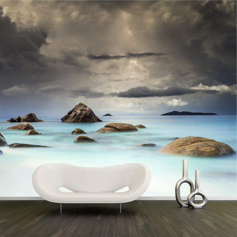 Blue-White Tropics Wallpaper Mural Whole Sea Rocks with Dark Cloud Sky Wall Art for Home