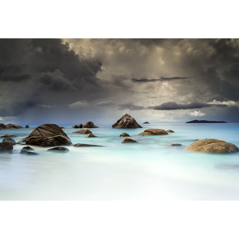 Blue-White Tropics Wallpaper Mural Whole Sea Rocks with Dark Cloud Sky Wall Art for Home