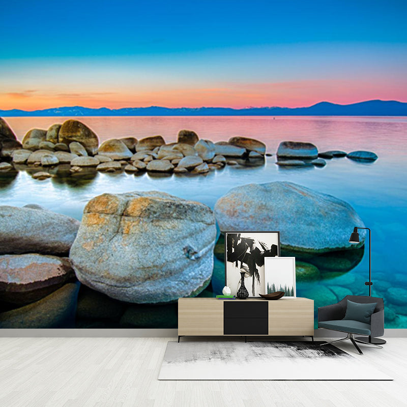 Clear Pebble Shore Lake Mural for Bedroom Sunset Landscape Wall Covering, Custom Made