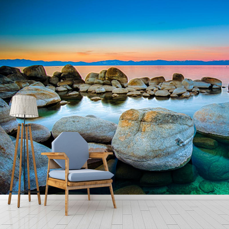 Clear Pebble Shore Lake Mural for Bedroom Sunset Landscape Wall Covering, Custom Made