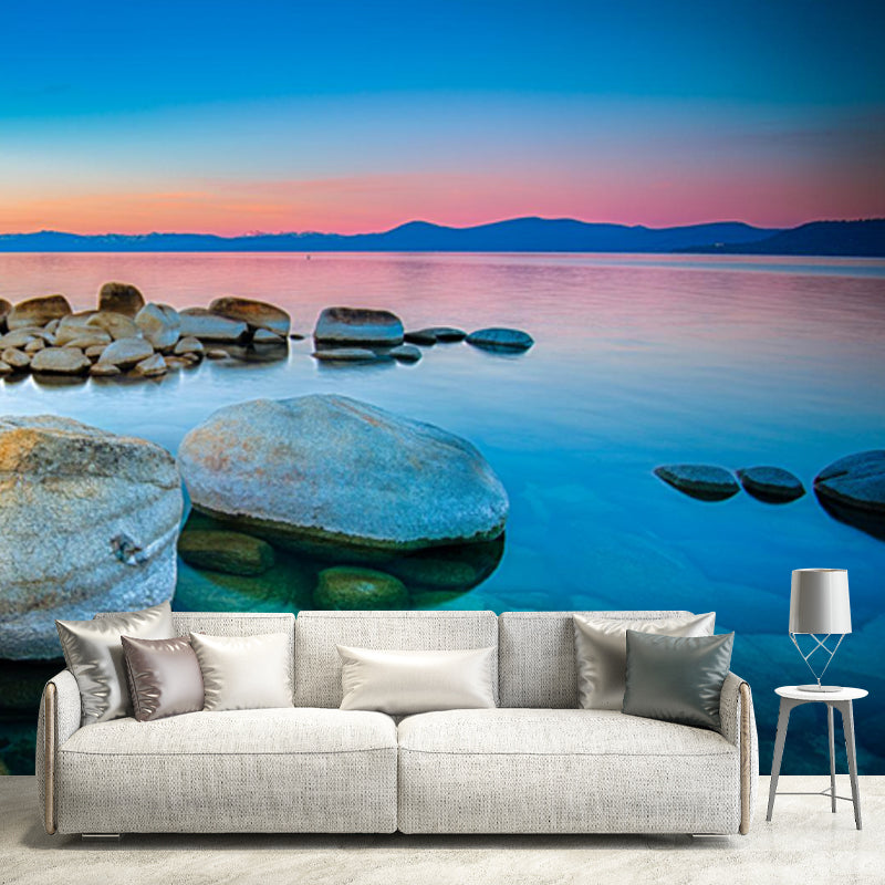 Clear Pebble Shore Lake Mural for Bedroom Sunset Landscape Wall Covering, Custom Made