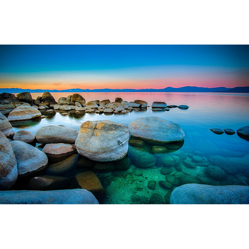 Clear Pebble Shore Lake Mural for Bedroom Sunset Landscape Wall Covering, Custom Made