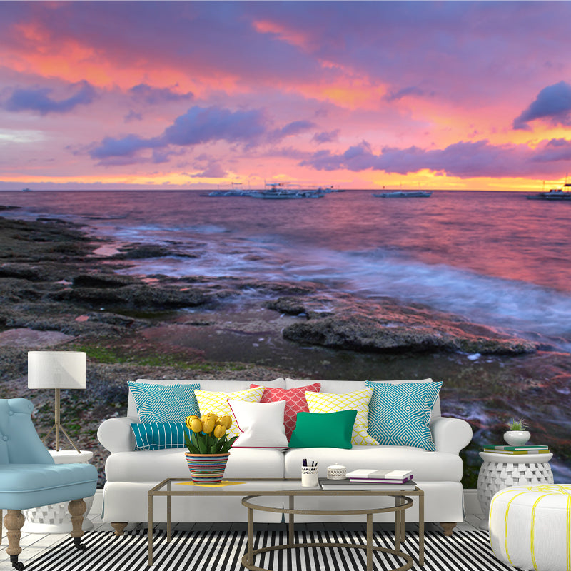 Full Size Tropical Mural Purple-Yellow Rock Coast with Sailing Ship at Dusk Wall Art, Made to Measure