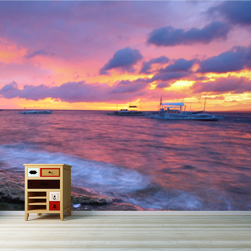 Full Size Tropical Mural Purple-Yellow Rock Coast with Sailing Ship at Dusk Wall Art, Made to Measure