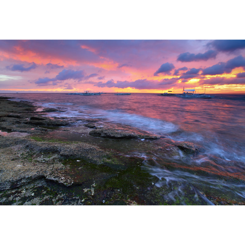 Full Size Tropical Mural Purple-Yellow Rock Coast with Sailing Ship at Dusk Wall Art, Made to Measure