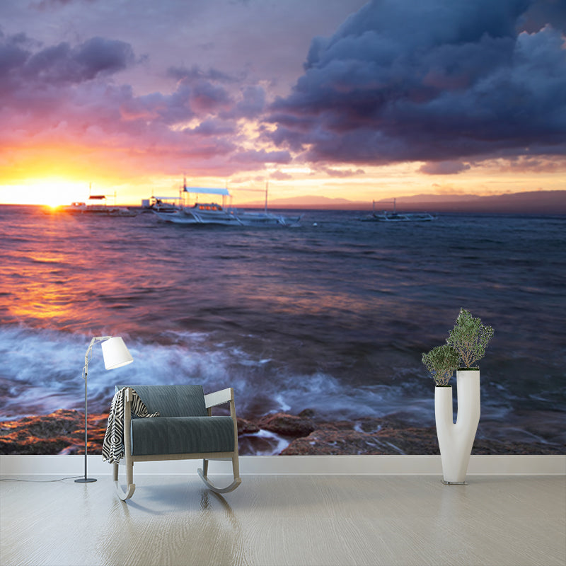 Ships at Sunset Ocean Mural Tropical Waterproofing Living Room Wall Decor, Custom Size