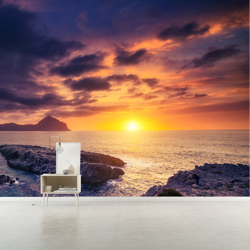 Custom Photography Tropix Mural with Sunset and Rocky Seashore Pattern in Yellow