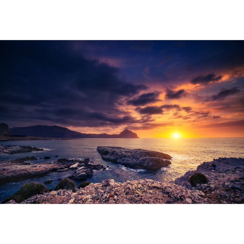 Custom Photography Tropix Mural with Sunset and Rocky Seashore Pattern in Yellow