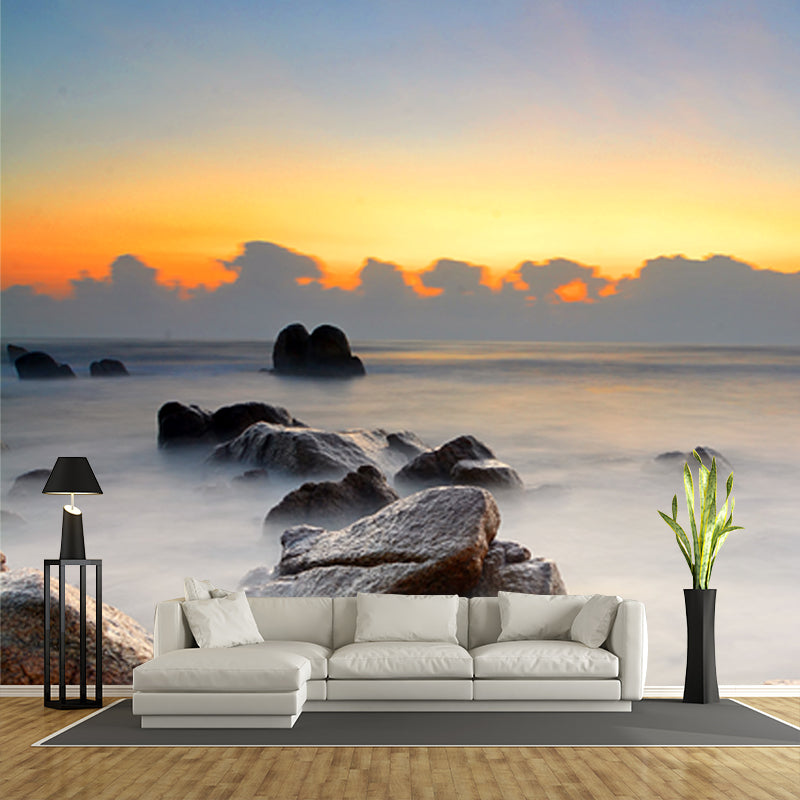 Blue Sunrise Scenery Mural Decal Stone in Foggy Water Tropix Waterproofing Wall Art