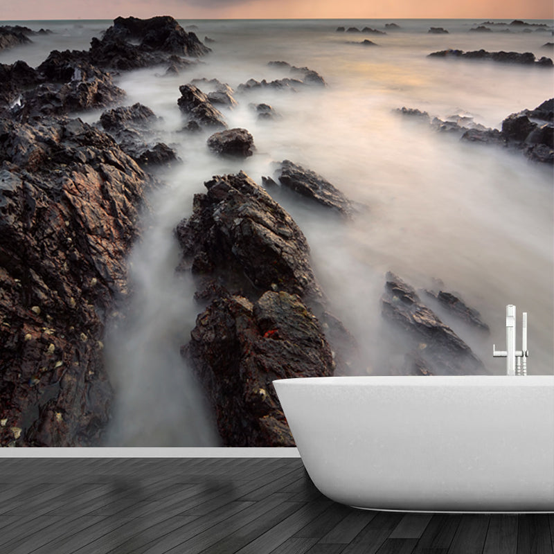 Rock and Misty Water Mural Smoke Grey Modern Style Wall Covering for Accent Wall