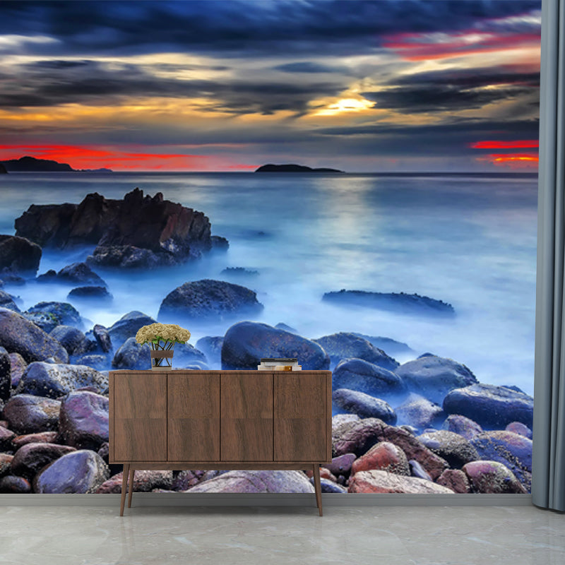 Sundown Stone Shore Wallpaper Mural Contemporary Non-Woven Cloth Wall Covering in Blue