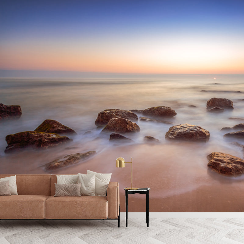 Large Modern Mural Blue Sunset Skyline with Beach Rocks Scenery Wall Covering, Custom Print