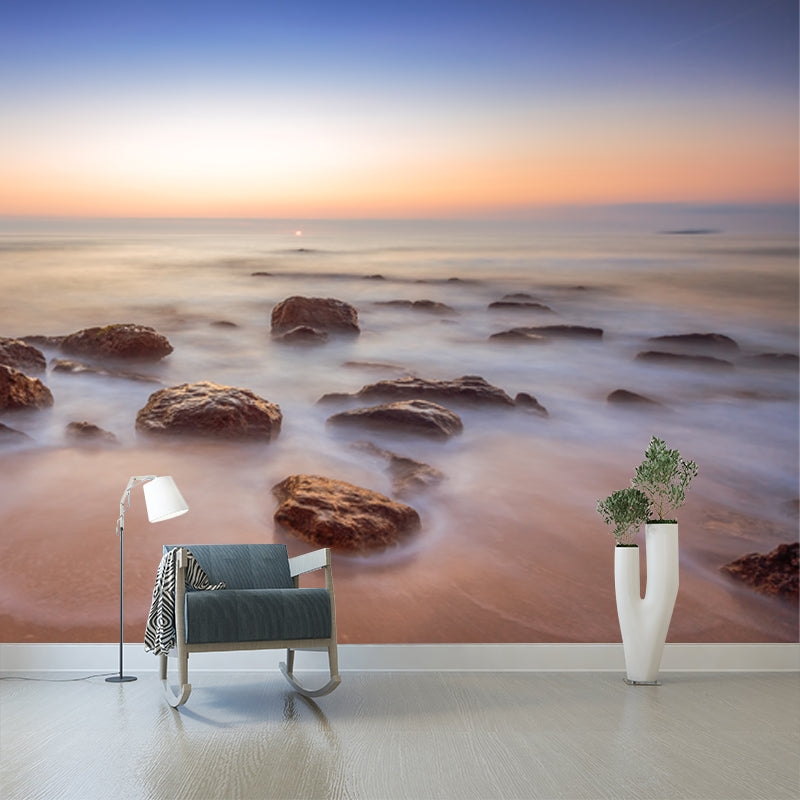 Large Modern Mural Blue Sunset Skyline with Beach Rocks Scenery Wall Covering, Custom Print