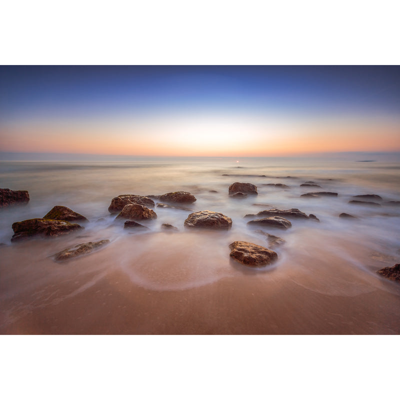 Large Modern Mural Blue Sunset Skyline with Beach Rocks Scenery Wall Covering, Custom Print