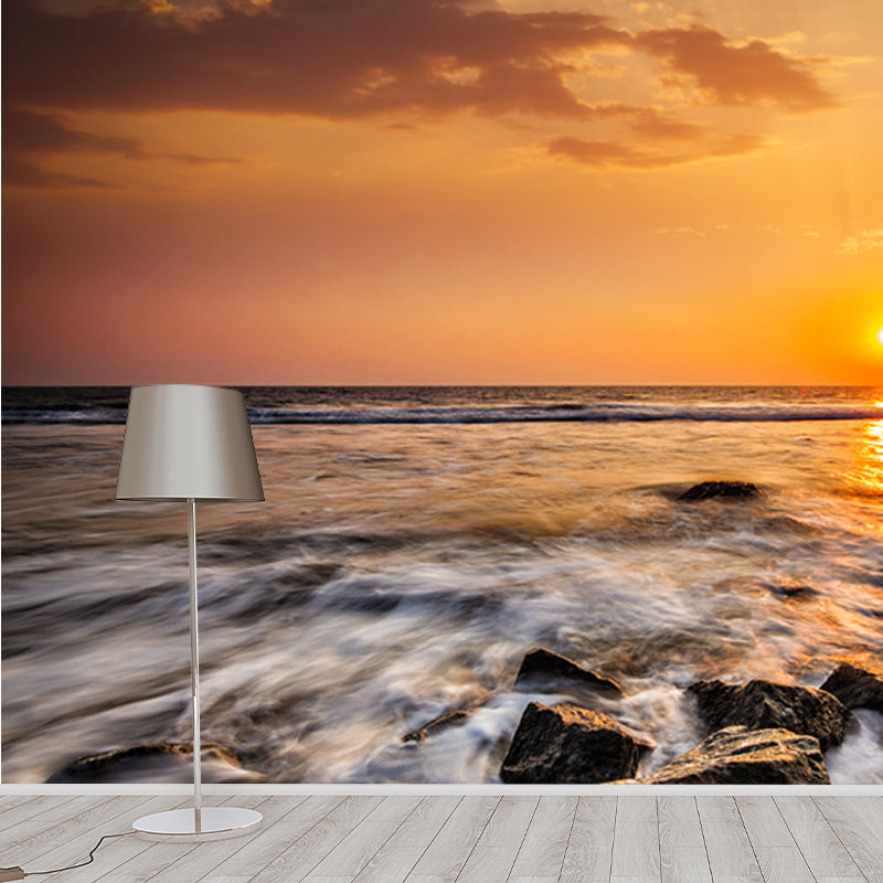 Yellow Evening Sun Wallpaper Mural Seashore View Modern Waterproof Wall Art for Home