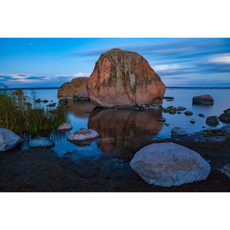 Tropics Evening Scene Mural Blue-Brown Rock on Mirrored Sea Shoal Wall Art for Bedroom