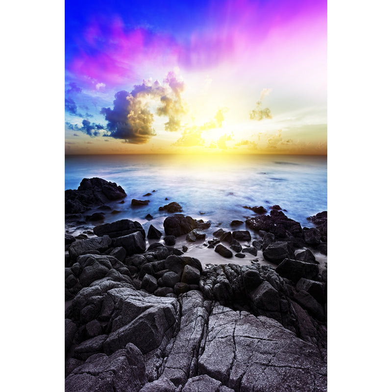 Sunburst and Rock Shore Mural Blue-Purple Modern Wall Art for Living Room, Optional Size