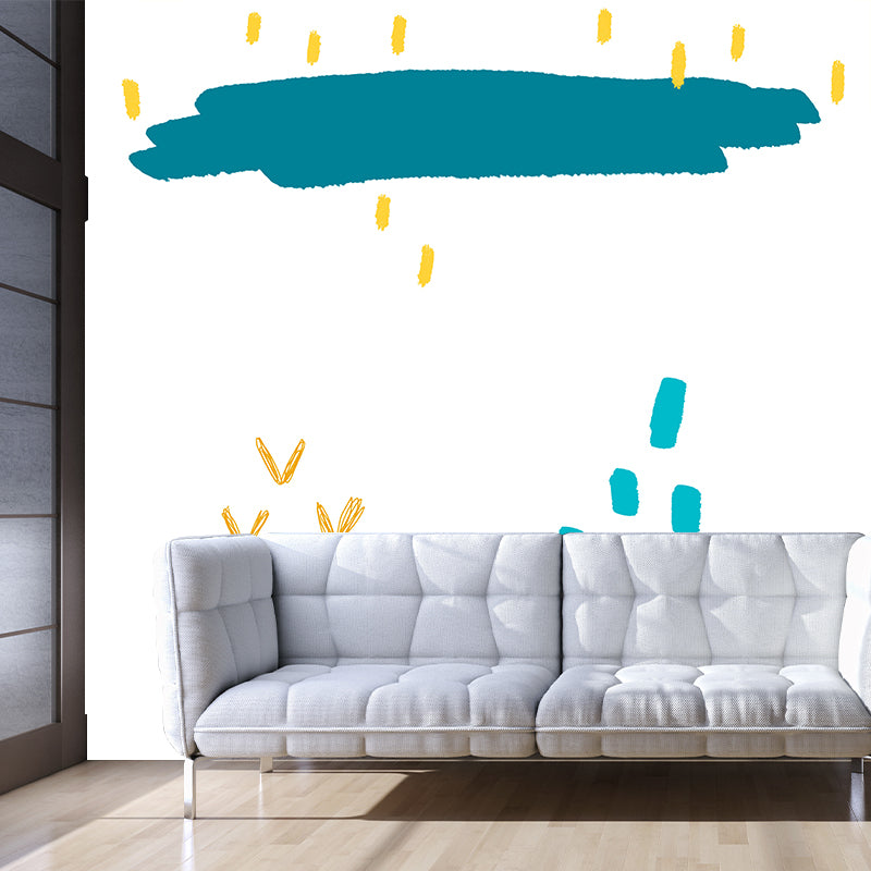 Blue Raining Countryside Painting Mural Stain Resistant Wall Covering for Living Room