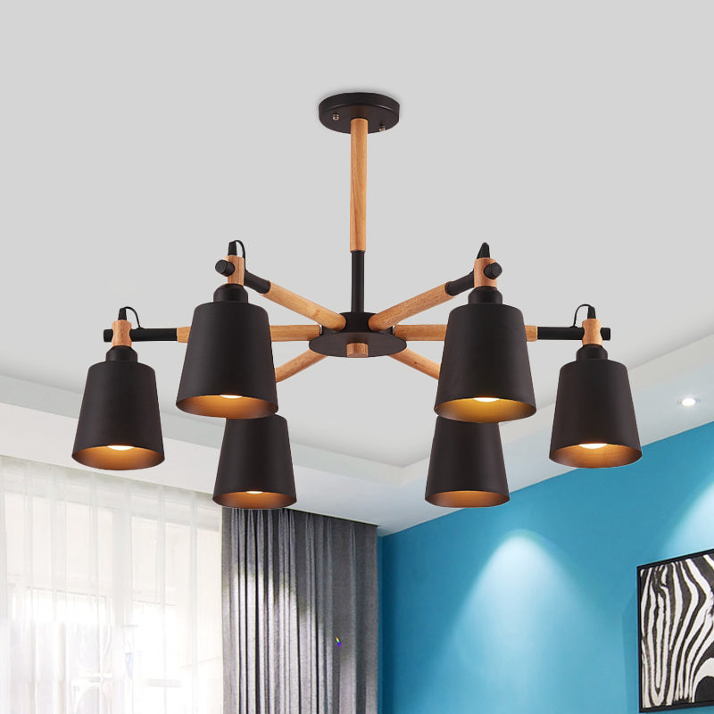 Cone Living Room Chandelier Light Nordic Metal 6 Bulbs Black/White Suspension Lamp with Wooden Arm