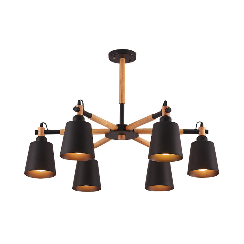 Cone Living Room Chandelier Light Nordic Metal 6 Bulbs Black/White Suspension Lamp with Wooden Arm