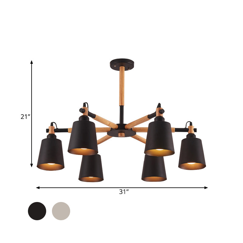 Kegel Wohnzimmer Kronleuchter helles nordisches Metall 6 Glühbirnen Schwarz/Weiß -Federlampe mit Holzarm