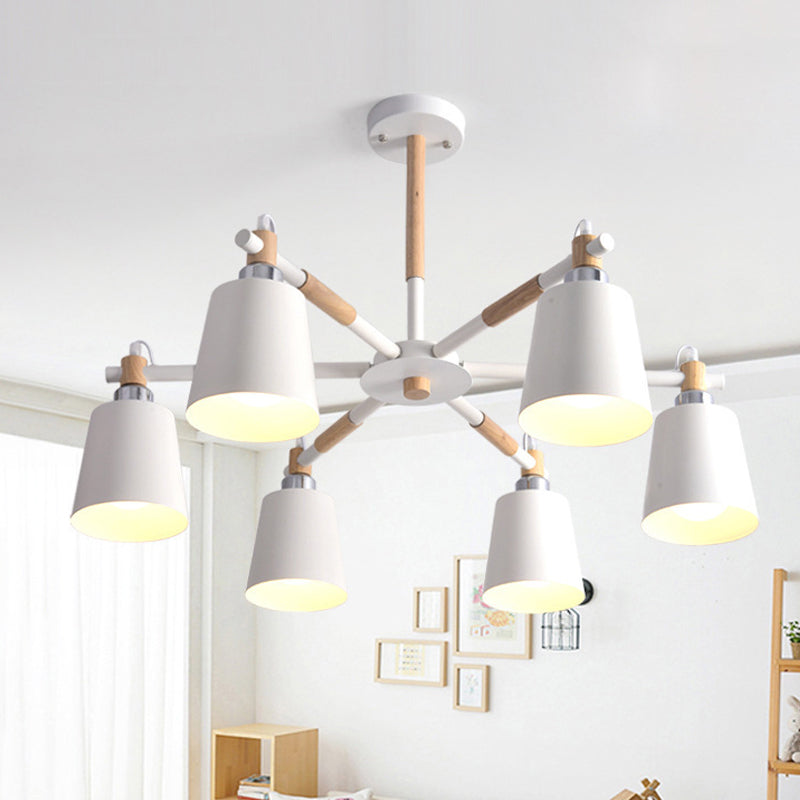 Cone Living Room Chandelier Light Nordic Metal 6 Bulbs Black/White Suspension Lamp with Wooden Arm