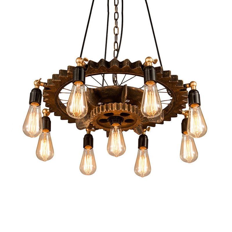 Iron Brass Chandelier Lighting Gear 9 Heads Industrial Suspension Light with Bare Bulb Design