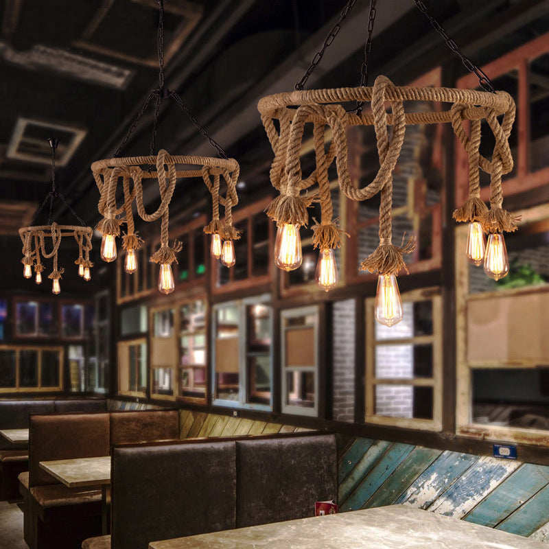 Hemp Rope Brown Pendant Chandelier Bare Bulb 6 Lights Countryside Ceiling Light for Restaurant