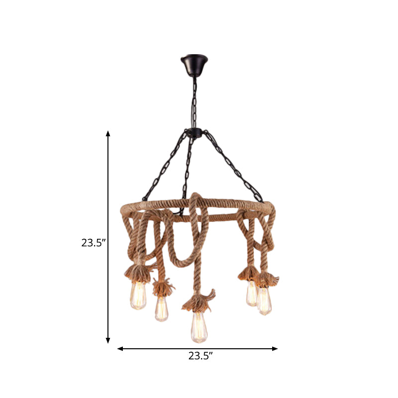 Hemp Rope Brown Pendant Chandelier Bare Bulb 6 Lights Countryside Ceiling Light for Restaurant