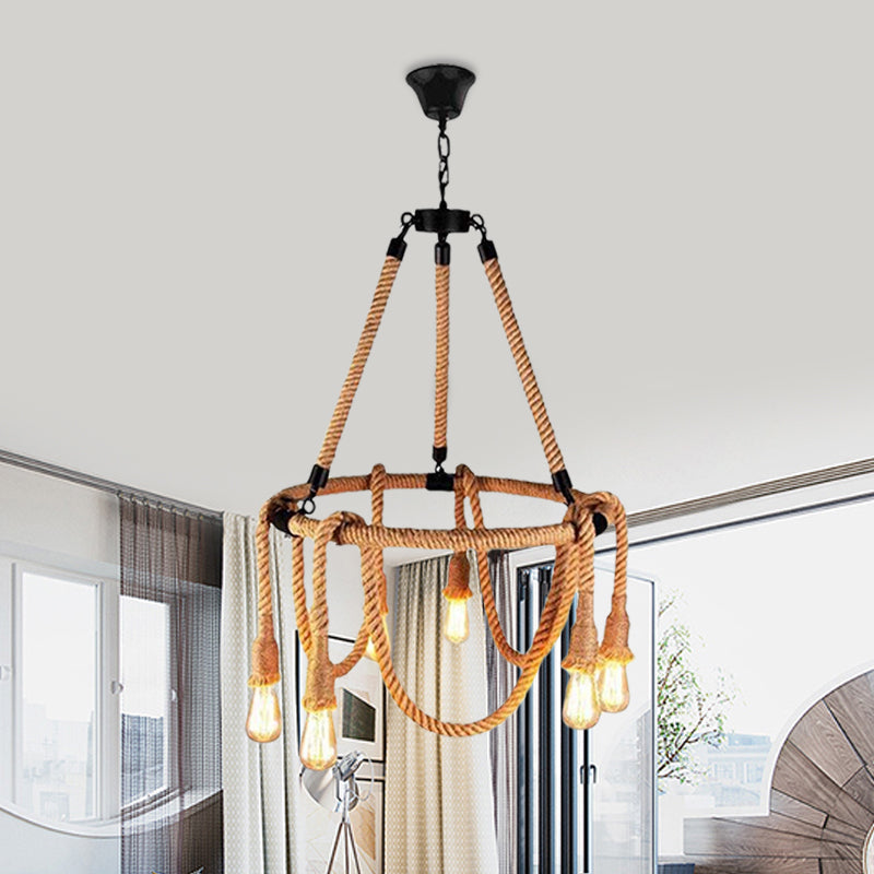 Hemp Rope Brown Pendant Chandelier Bare Bulb 6 Lights Countryside Ceiling Light for Restaurant