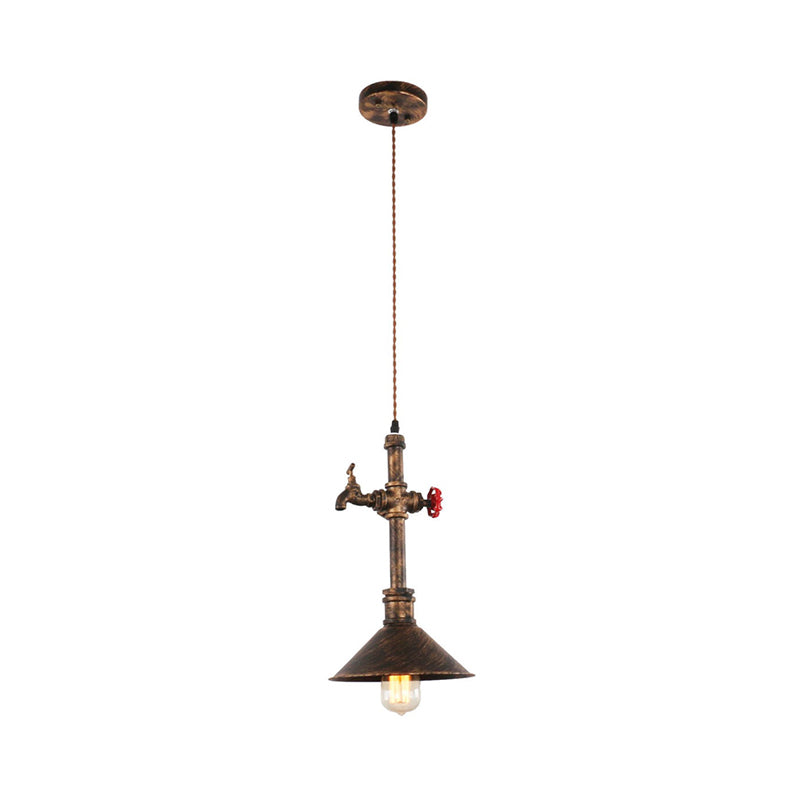 Iron Bronze Drop Lamp Tapered 1-Head Antique Pendant Light Fixture with Water Tap and Valve Design