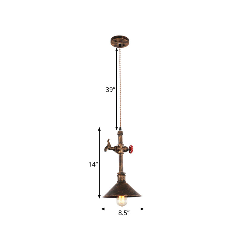 Iron Bronze Drop Lamp Tapered 1-Head Antique Pendant Light Fixture with Water Tap and Valve Design