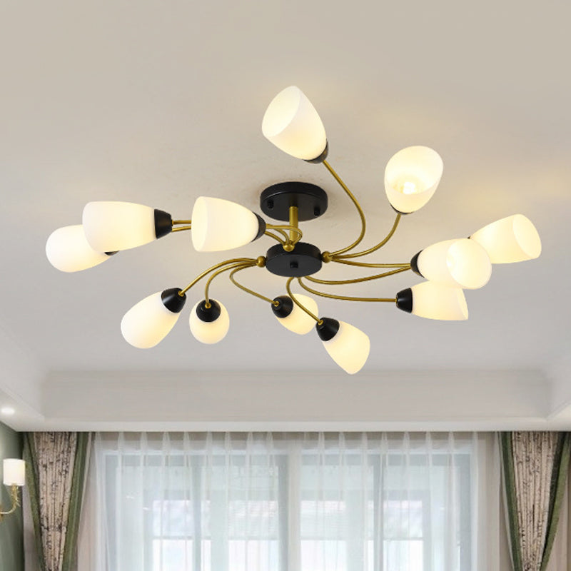 Iron Black/Gold Ceiling Fixture Spiral 9/12-Head Traditional Semi Flush Mount Light with Tapered White Glass Shade