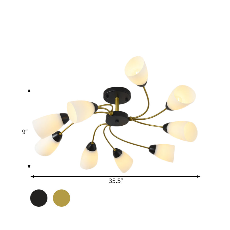 Eisenschwarz/Gold Deckenleuchte Spirale 9/12-Head-Traditionelle Halbblüdehalterlicht mit sich verjüngter weißer Glasschatten