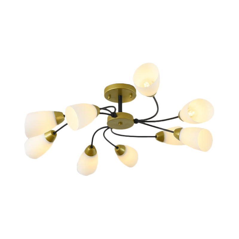 Iron Black/Gold Ceiling Fixture Spiral 9/12-Head Traditional Semi Flush Mount Light with Tapered White Glass Shade