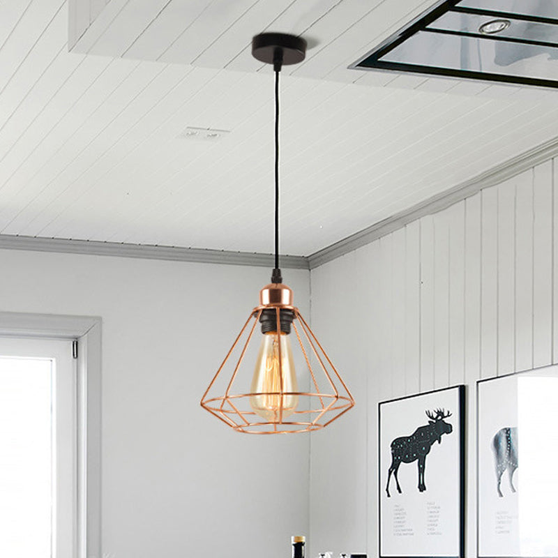 Iron Rose Gold Suspension Light Diamond Cage 1-Bulb Industrial Ceiling Pendant Lamp