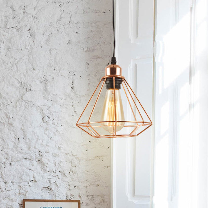 Iron Rose Gold Suspension Light Diamond Cage 1-Bulb Industrial Ceiling Pendant Lamp