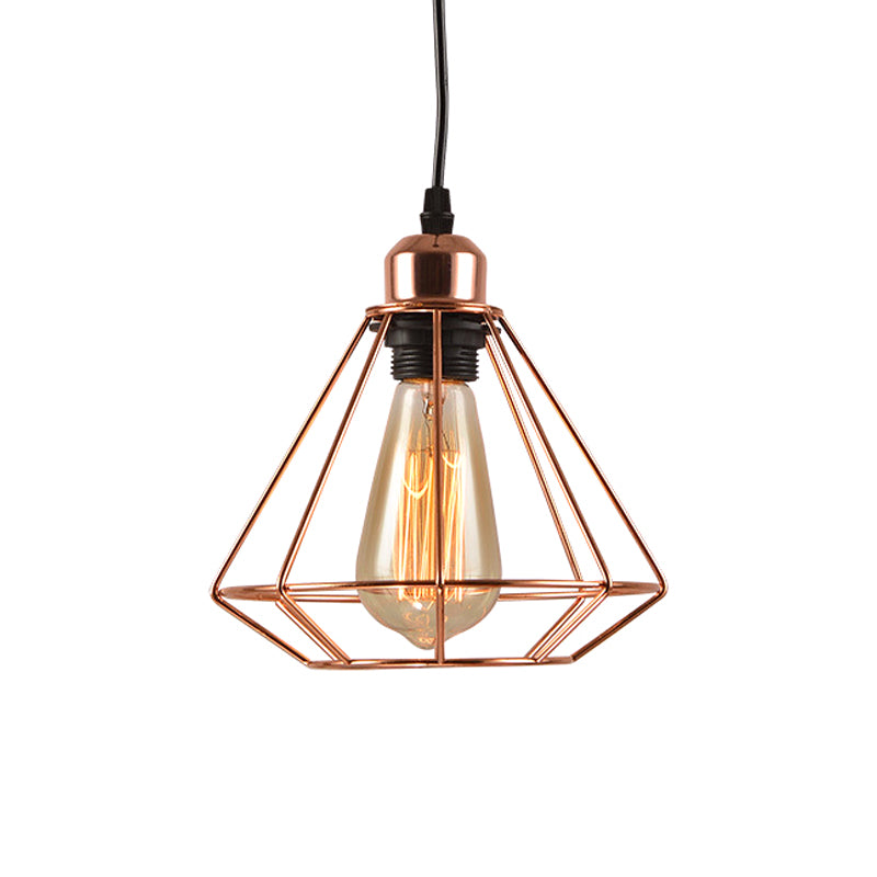 Iron Rose Gold Suspension Light Diamond Cage 1-Bulb Industrial Ceiling Pendant Lamp