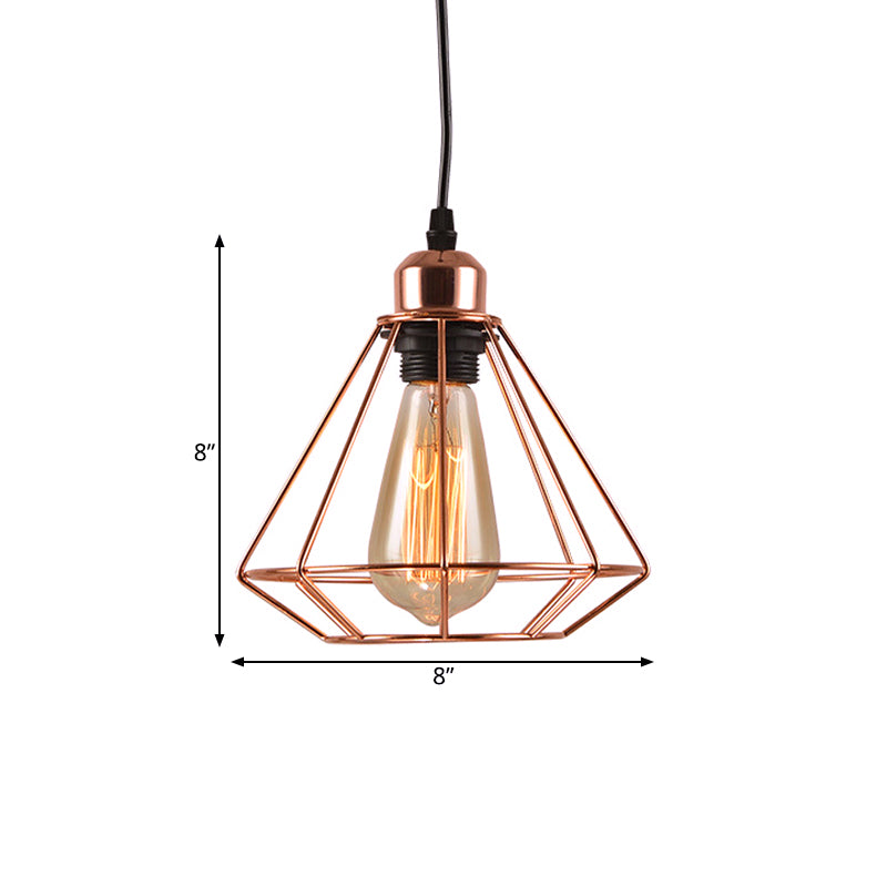 Iron Rose Gold Suspension Light Diamond Cage 1-Bulb Industrial Ceiling Pendant Lamp