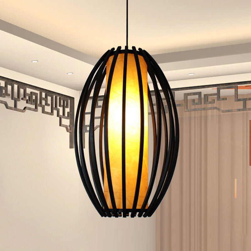 1-Light Hanging Light Kit Traditional Oval Cage Bamboo Ceiling Lamp in Black with Tube Shade Inside