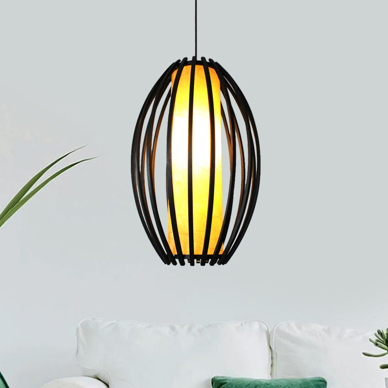 1-Light Hanging Light Kit Traditional Oval Cage Bamboo Ceiling Lamp in Black with Tube Shade Inside