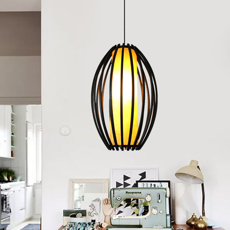 1-Light Hanging Light Kit Traditional Oval Cage Bamboo Ceiling Lamp in Black with Tube Shade Inside