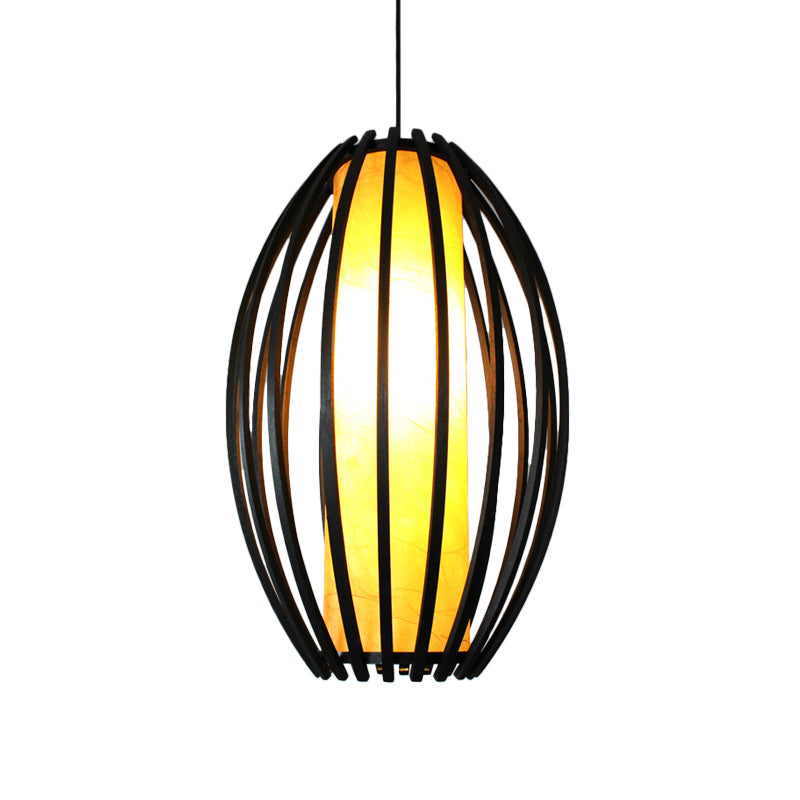 1-Light Hanging Light Kit Traditional Oval Cage Bamboo Ceiling Lamp in Black with Tube Shade Inside