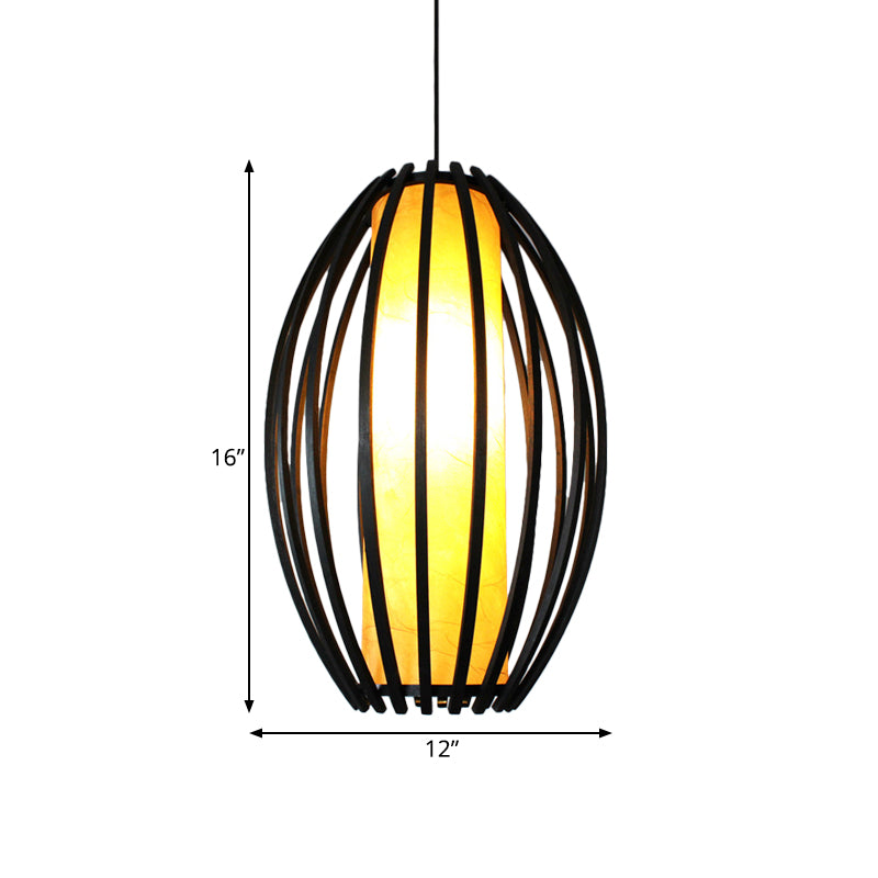 1-Light Hanging Light Kit Traditional Oval Cage Bamboo Ceiling Lamp in Black with Tube Shade Inside