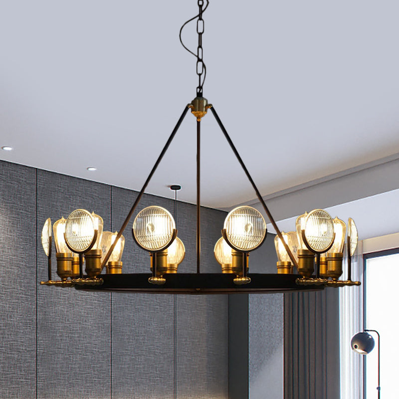 Grid Glass Lens Chandelier Lamp Vintage 6/9/12 Lights Restaurant Hanging Light Kit in Black