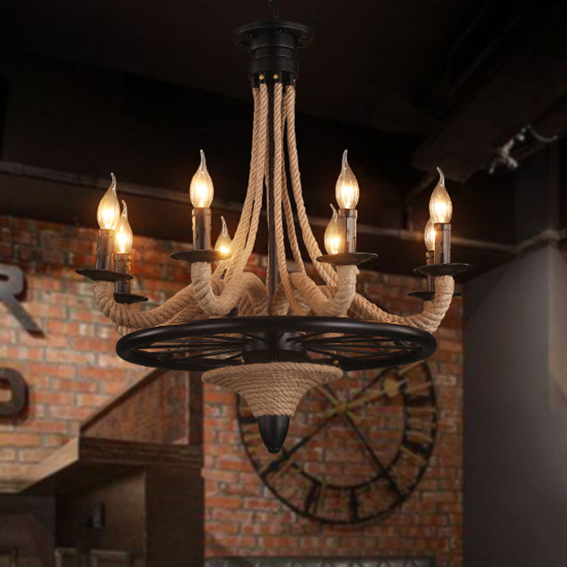 Rope Candle Hanging Chandelier Farmhouse 8 Bulbs Restaurant Pendant Light in Black with Wheel Design