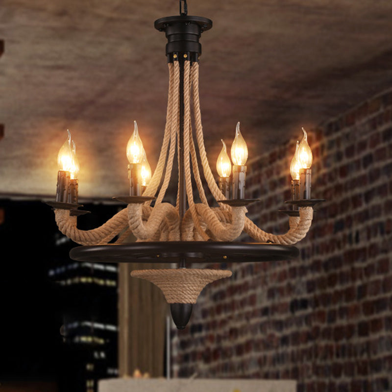 Cougie de corde suspendue Chandelier Farmhouse 8 Bulbes Restaurant Pendant Light en noir avec conception de roues